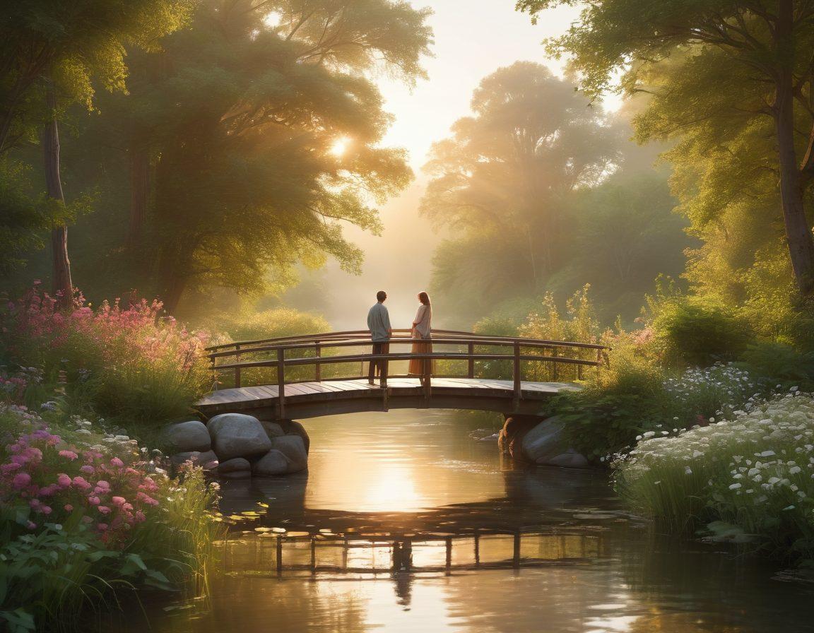 A serene landscape showcasing two people on a wooden bridge over a tranquil river, surrounded by lush greenery and blooming flowers, symbolizing connection and intimacy. Soft golden sunlight filters through the trees, casting a warm glow on the scene. An ethereal mist enhances the sense of intimacy and mystery. super-realistic. vibrant colors. peaceful atmosphere.