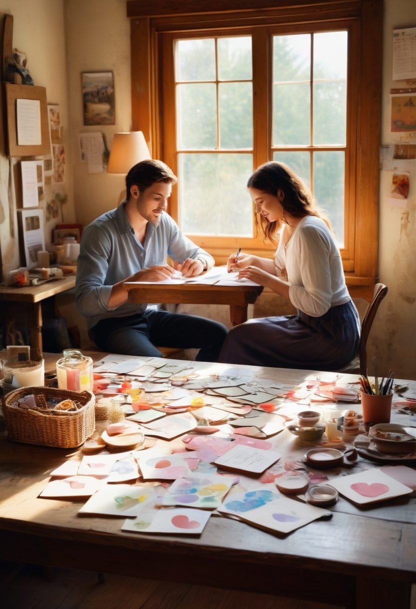 A warm, inviting scene of a couple sitting at a rustic table, surrounded by craft supplies and love letters, deeply engaged in creating their own love story. Soft natural light filters through a nearby window, casting gentle shadows. Include elements like heart-shaped decorations and vibrant colors of paper and ink around them. Emphasize their expressions of joy and connection. watercolor painting. soft pastel colors.