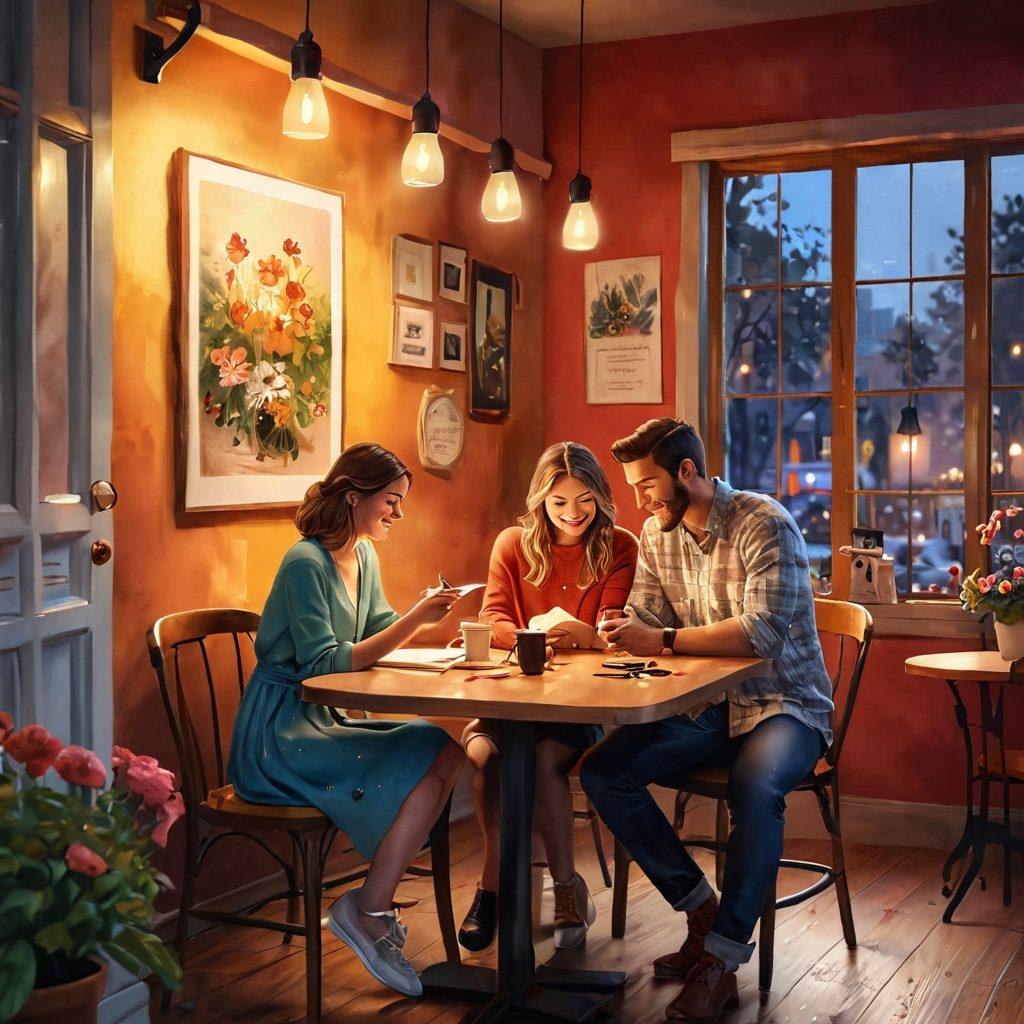 A beautifully illustrated scene depicting a couple sitting together in a cozy café, sharing laughter and writing their love stories on paper. Surround them with warm, soft lighting and hints of romantic symbols like hearts and flowers in the background. Include elements of modern dating, such as a smartphone with dating app notifications visible on the table. The atmosphere should feel intimate and inspiring, capturing the essence of crafting lasting love stories. vibrant colors. soft focus. digital painting.